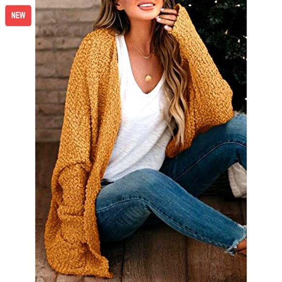 Oversized Chunky Popcorn Cardigan Batwing Sleeve Open Front Cozy Knit Sweater - Picture 2 of 7